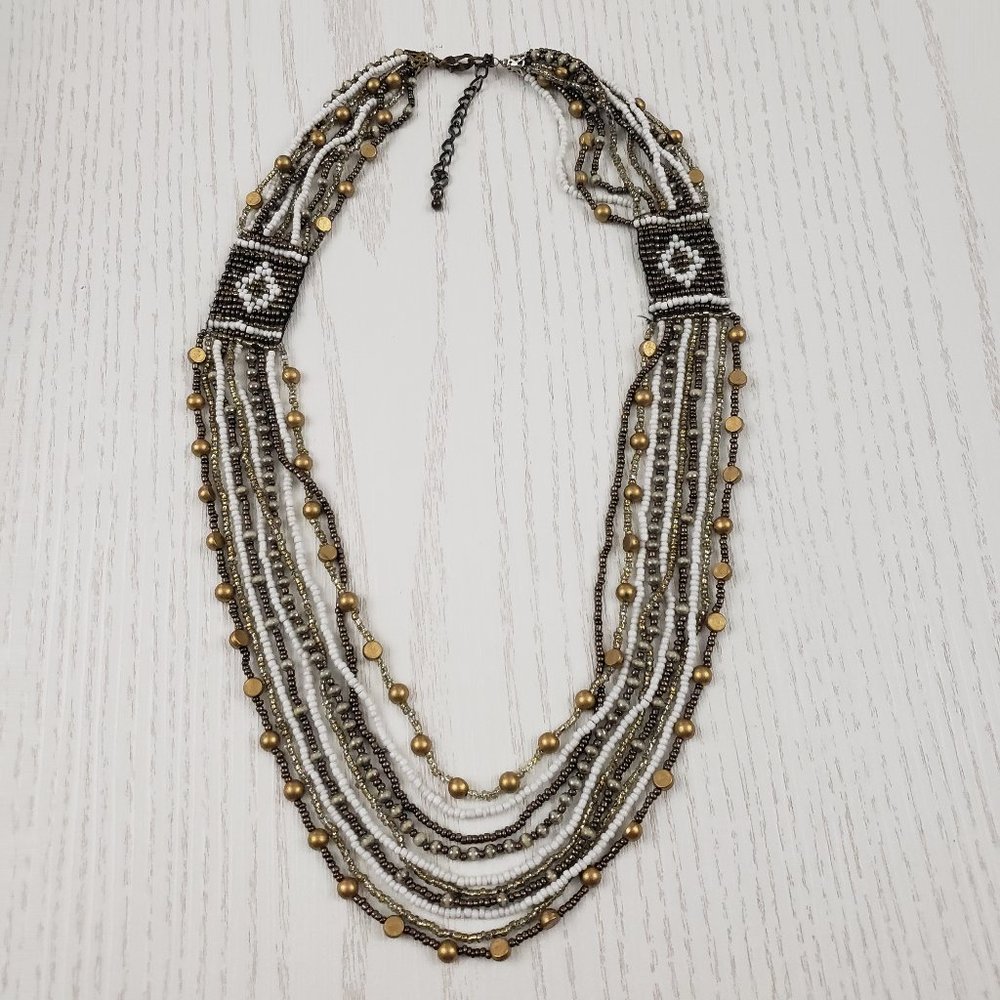Gold White Seed Bead Multi Strand Long Necklace